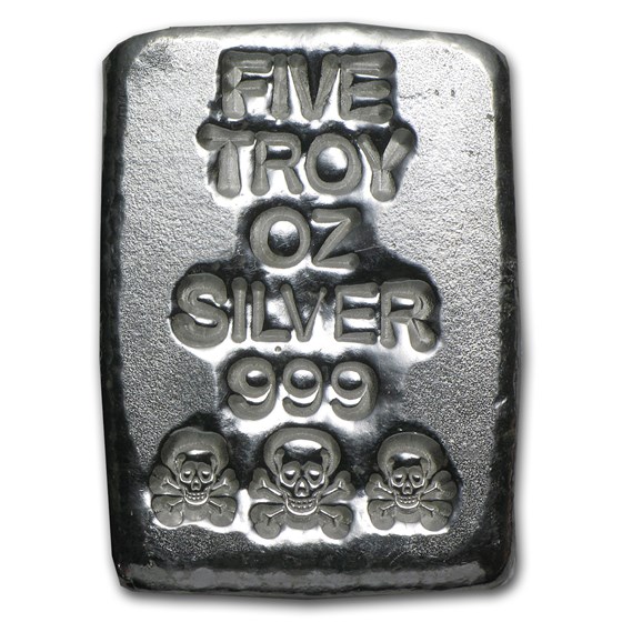 5 oz Hand Poured Silver Bar - Triple Stamped Skull & Bones 5 oz Hand Poured Silver Bar - Triple Stamped Skull & Bones